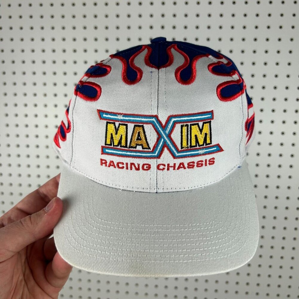 Vintage Maxim Racing Chassis Strapback Hat Cap Flames Red White Blue 90s OSFM